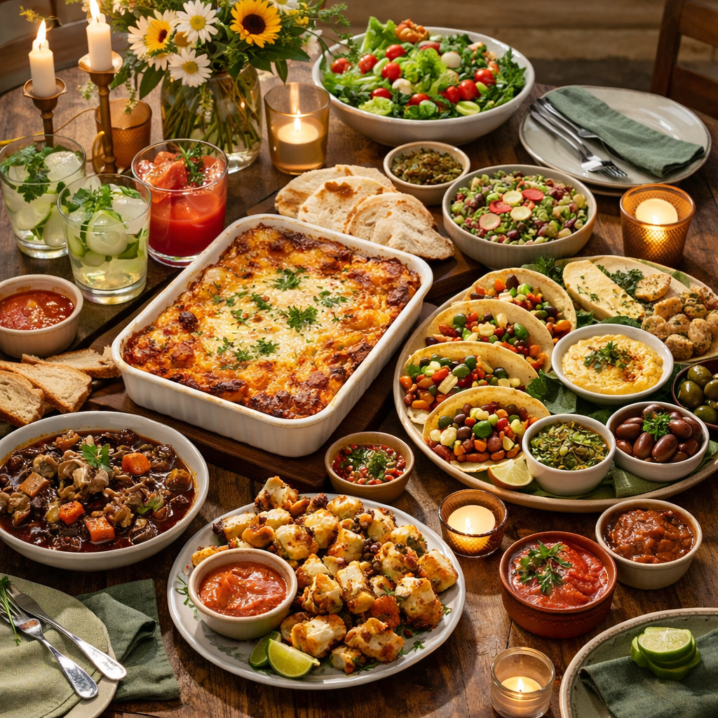 A colourful meat-free dinner party spread